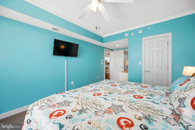 bedroom with ceiling fan, crown molding, and dark carpet