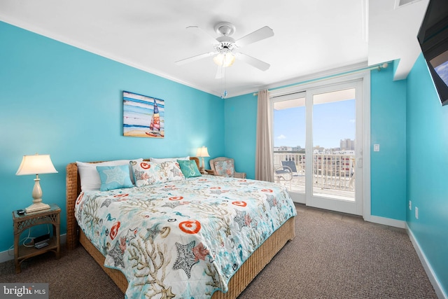 carpeted bedroom featuring ceiling fan and access to exterior