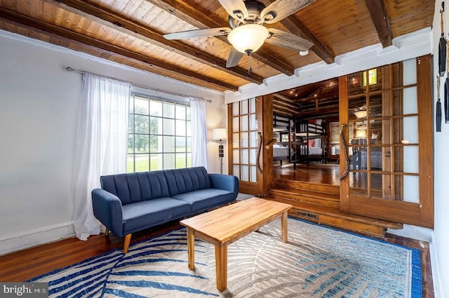 living room featuring dark wood-type flooring, wooden ceiling, ceiling fan, and beamed ceiling