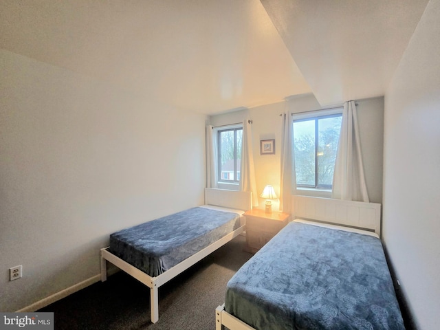 bedroom with dark colored carpet