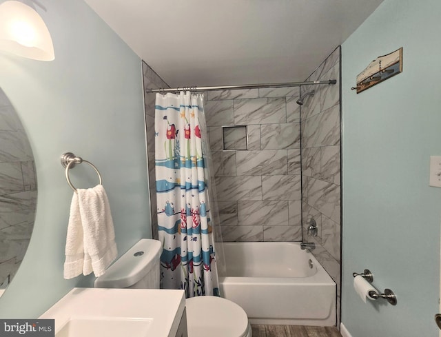 full bathroom with shower / bath combo, toilet, hardwood / wood-style flooring, and vanity