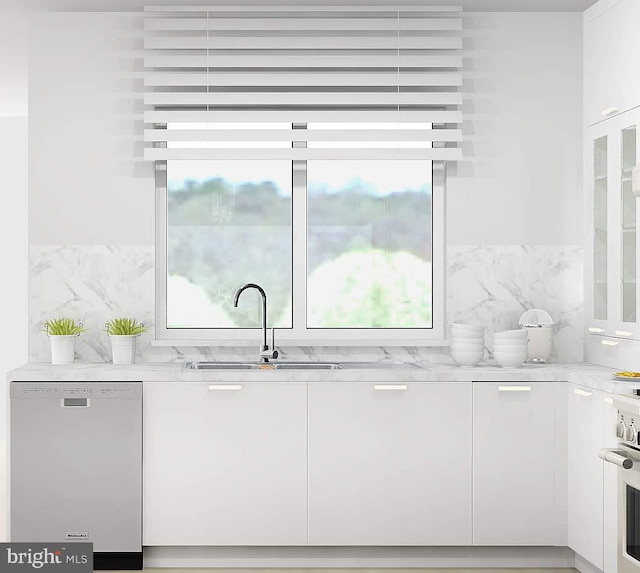 bar featuring white dishwasher, light stone countertops, oven, and white cabinetry