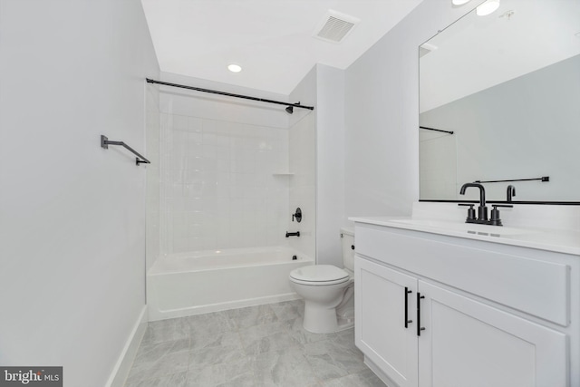 full bathroom with vanity, washtub / shower combination, tile floors, and toilet