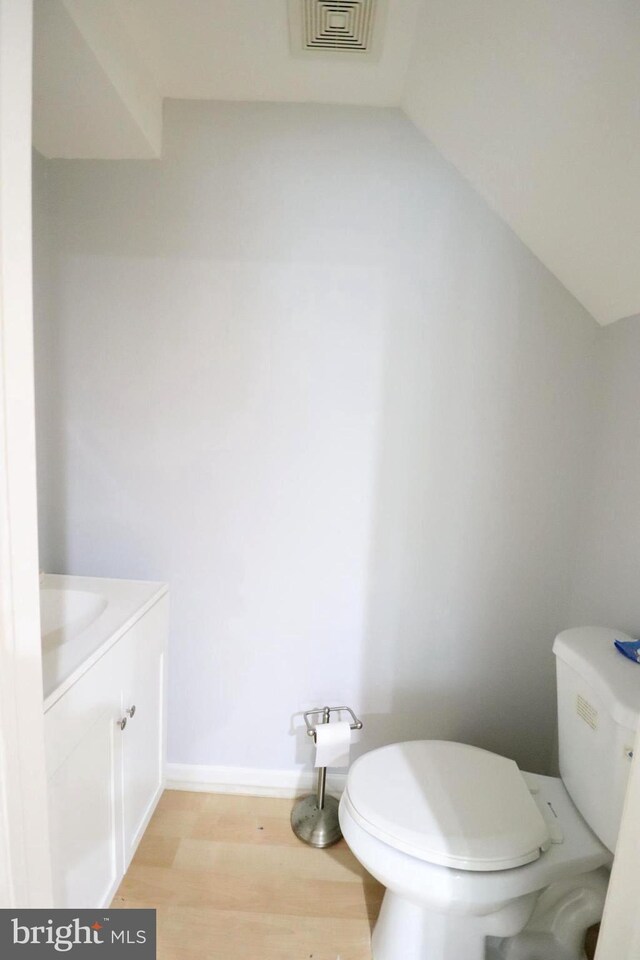 bathroom with vanity, toilet, and hardwood / wood-style flooring