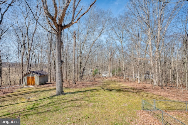 view of yard featuring a storage shed