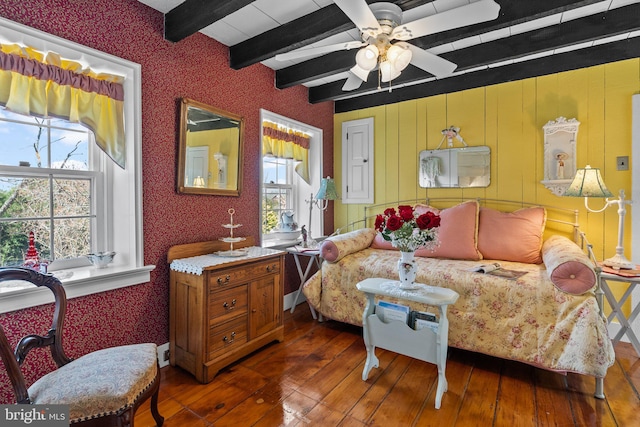 living room with a wealth of natural light, ceiling fan, dark wood-type flooring, and beamed ceiling