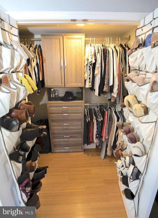 walk in closet with light hardwood / wood-style flooring