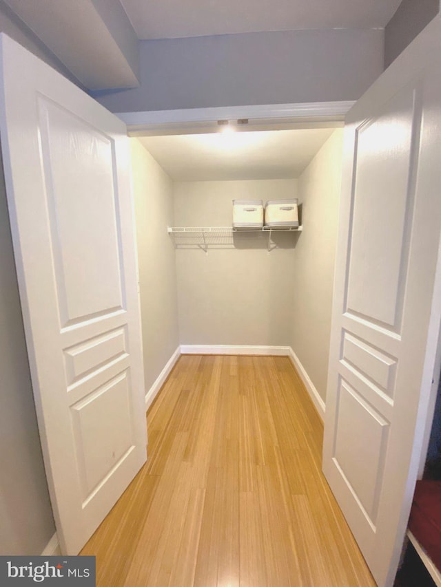 walk in closet with light hardwood / wood-style floors