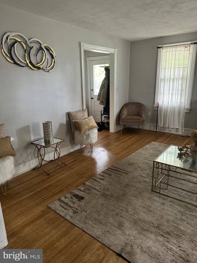 living room featuring hardwood / wood-style floors and a textured ceiling