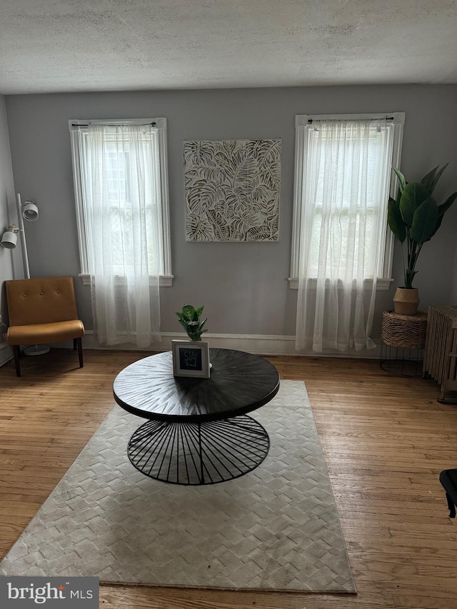 sitting room featuring radiator, light hardwood / wood-style floors, and a textured ceiling