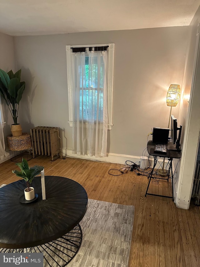 sitting room featuring wood-type flooring and radiator heating unit