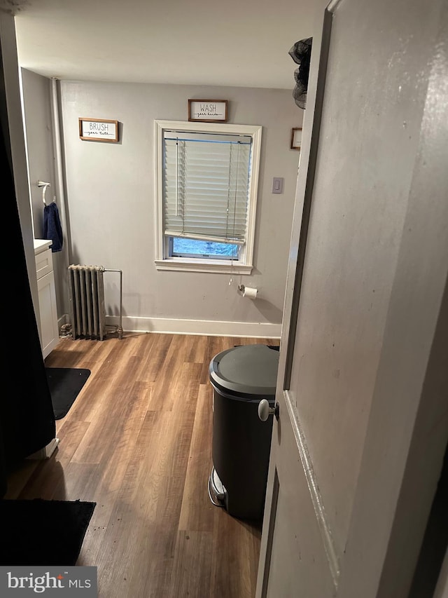 interior space with hardwood / wood-style flooring, radiator, and vanity