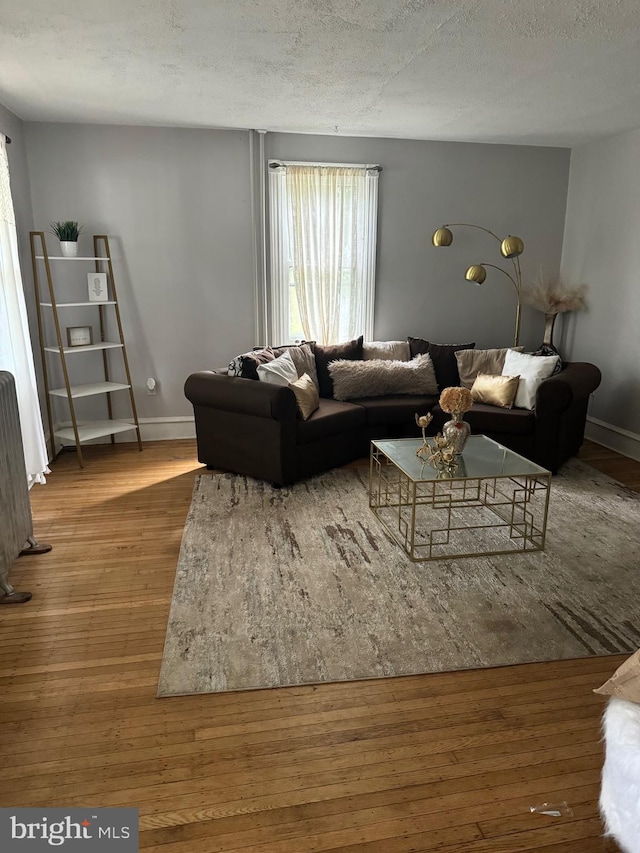 living room featuring radiator heating unit, hardwood / wood-style flooring, and a textured ceiling