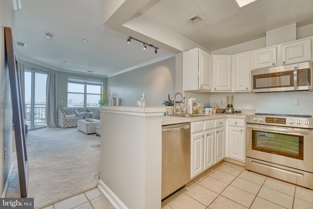 kitchen featuring appliances with stainless steel finishes, light colored carpet, kitchen peninsula, sink, and ornamental molding