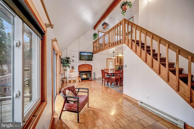 interior space with baseboard heating, high vaulted ceiling, beam ceiling, and light tile flooring