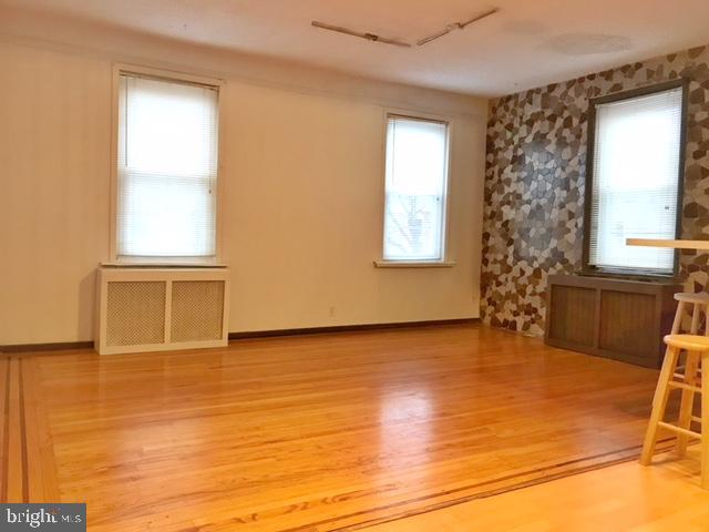 unfurnished room featuring radiator heating unit and light hardwood / wood-style flooring