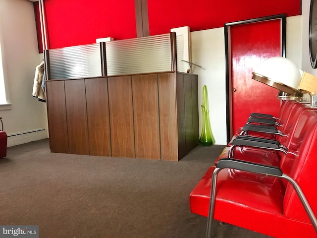 interior space featuring a baseboard radiator and dark colored carpet