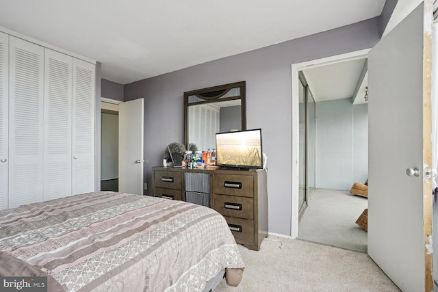 bedroom featuring light colored carpet and a closet