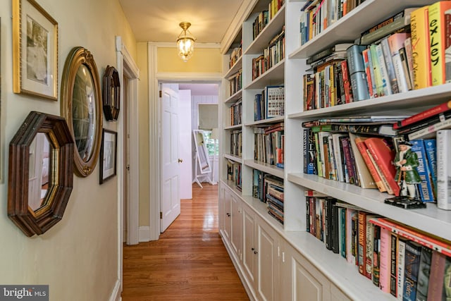 hallway with crown molding and hardwood / wood-style floors