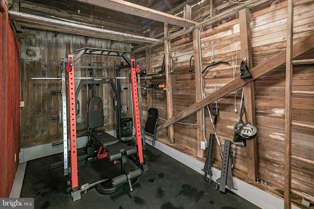 workout area with wooden walls