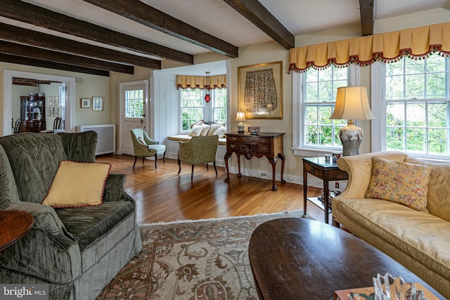 living room with hardwood / wood-style floors and beamed ceiling