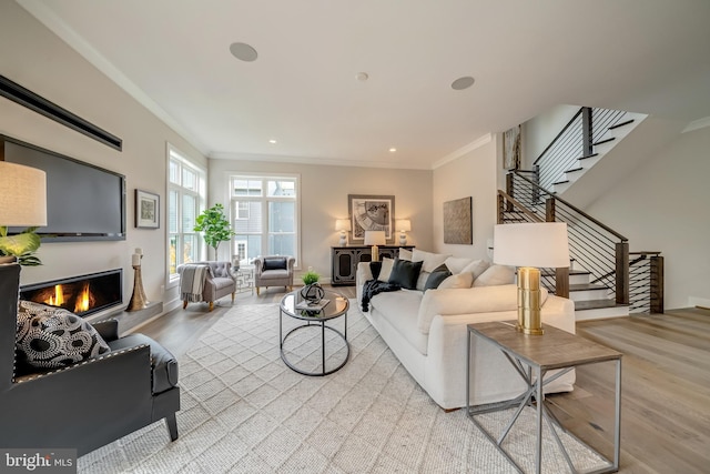 living room featuring light hardwood / wood-style floors and crown molding