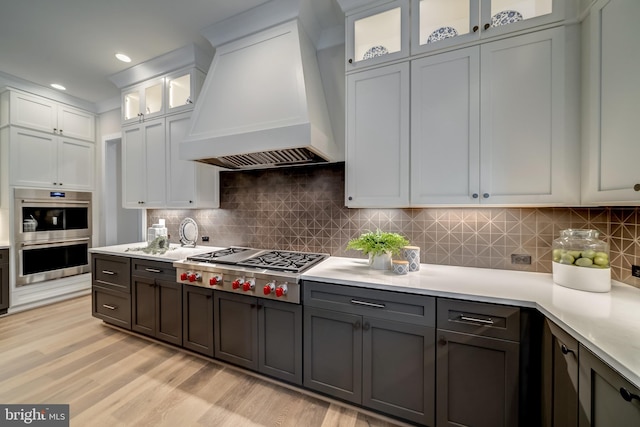 kitchen featuring tasteful backsplash, white cabinetry, stainless steel appliances, custom exhaust hood, and light wood-type flooring