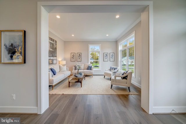 living room featuring ornamental molding and light wood-type flooring