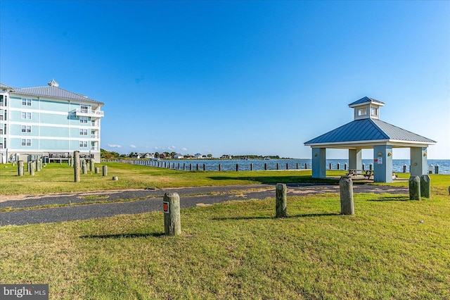 view of nearby features featuring a water view and a lawn