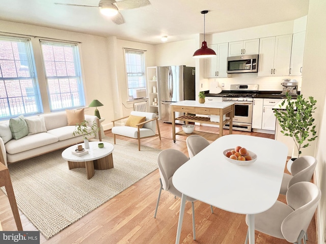 kitchen featuring pendant lighting, white cabinets, light hardwood / wood-style flooring, radiator heating unit, and stainless steel appliances