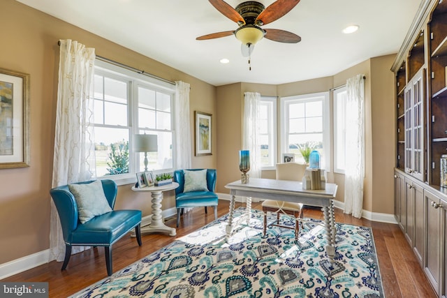 office with dark hardwood / wood-style flooring and ceiling fan