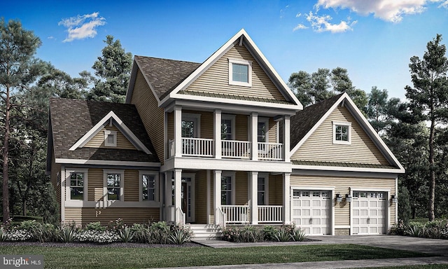 view of front of property with a porch, a front yard, and a garage