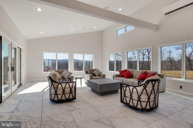 tiled living room featuring high vaulted ceiling, a wall mounted AC, and beamed ceiling