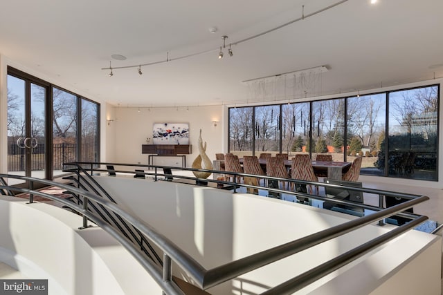 interior space featuring track lighting, floor to ceiling windows, and a wealth of natural light