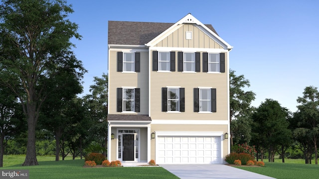 view of front of house with a garage and a front lawn