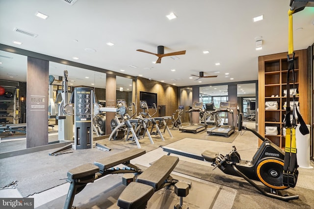 gym featuring ceiling fan