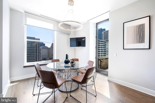 dining space with light hardwood / wood-style floors