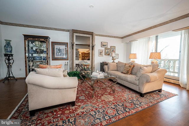 living room with dark hardwood / wood-style flooring