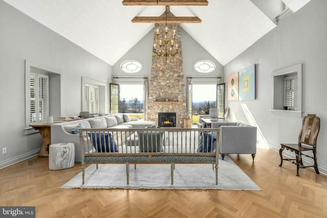 living room with a fireplace, beam ceiling, high vaulted ceiling, and light parquet flooring