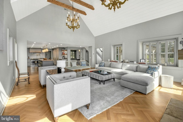 living room featuring high vaulted ceiling, beam ceiling, a chandelier, and light parquet floors