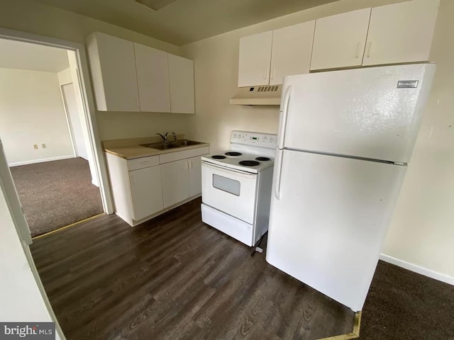 kitchen featuring dark carpet, premium range hood, white appliances, and white cabinetry