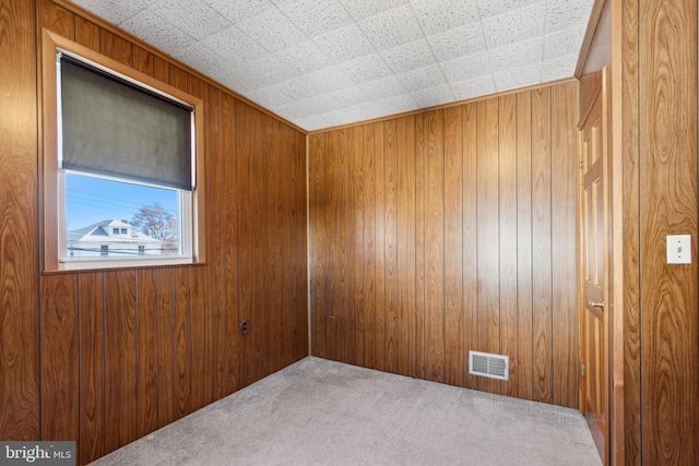 unfurnished room with wood walls and carpet