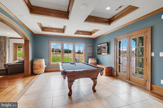 recreation room with french doors, light wood-type flooring, ornamental molding, coffered ceiling, and billiards