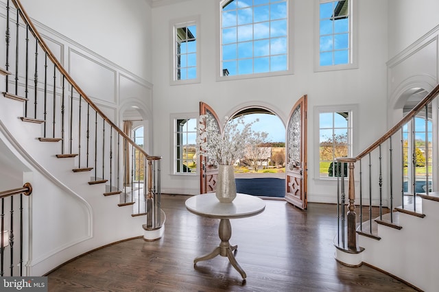 foyer entrance featuring a towering ceiling, a healthy amount of sunlight, and dark hardwood / wood-style floors