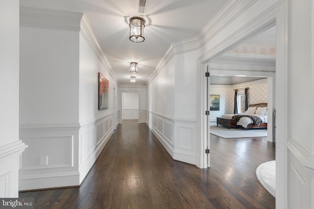 hallway featuring ornamental molding and dark wood-type flooring