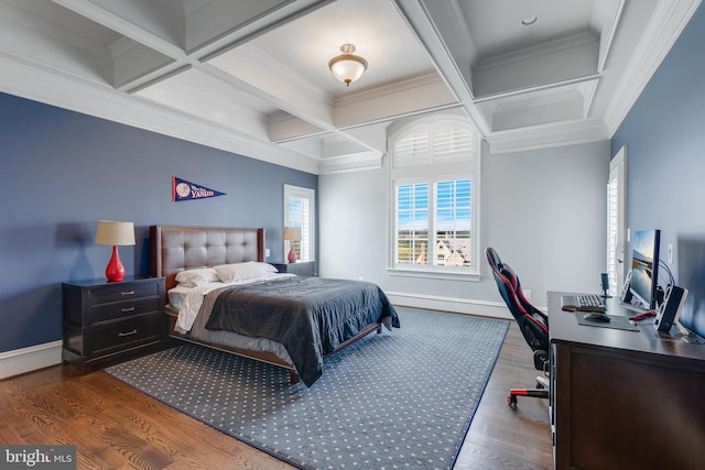 bedroom with beam ceiling, crown molding, dark hardwood / wood-style flooring, and coffered ceiling