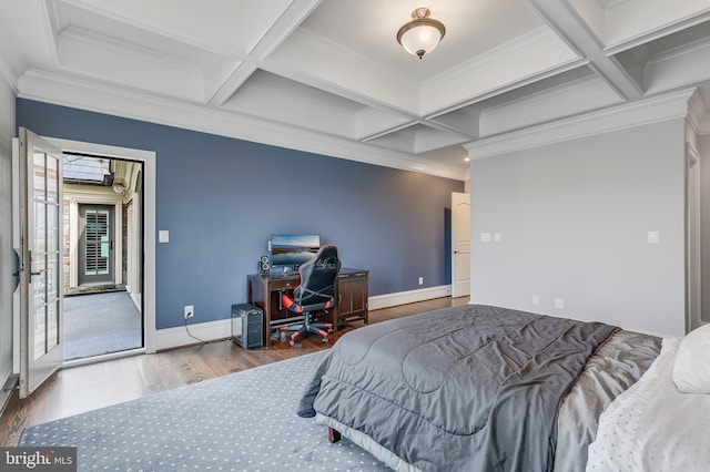 bedroom featuring wood-type flooring, crown molding, coffered ceiling, and beam ceiling