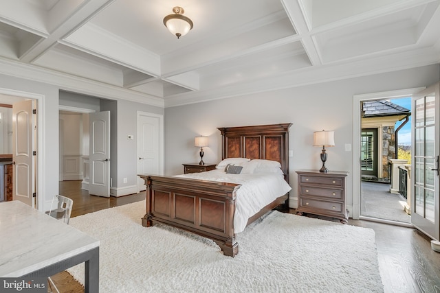 bedroom featuring access to exterior, dark wood-type flooring, and coffered ceiling