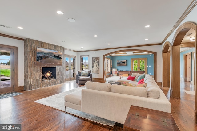 living room featuring a large fireplace, hardwood / wood-style flooring, and a wealth of natural light