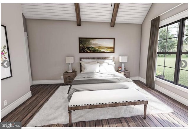 bedroom with vaulted ceiling with beams, dark wood-type flooring, and wood ceiling